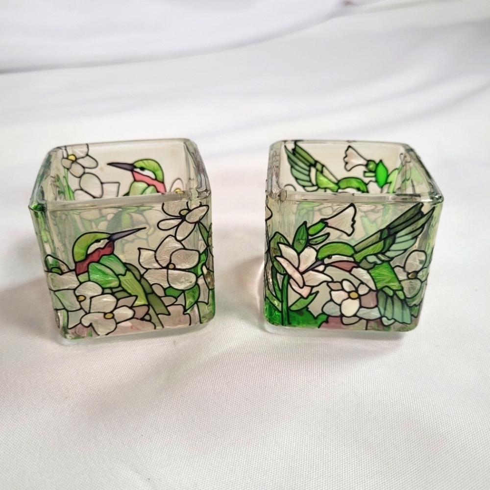 Joan Baker Designs Frosted Hand Painted Hummingbird Glass Votive Candle Holders